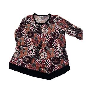 CJ Banks Women 3X Tunic Top Geometric Medallion Print Sharkbite Hem 3/4 Sleeve